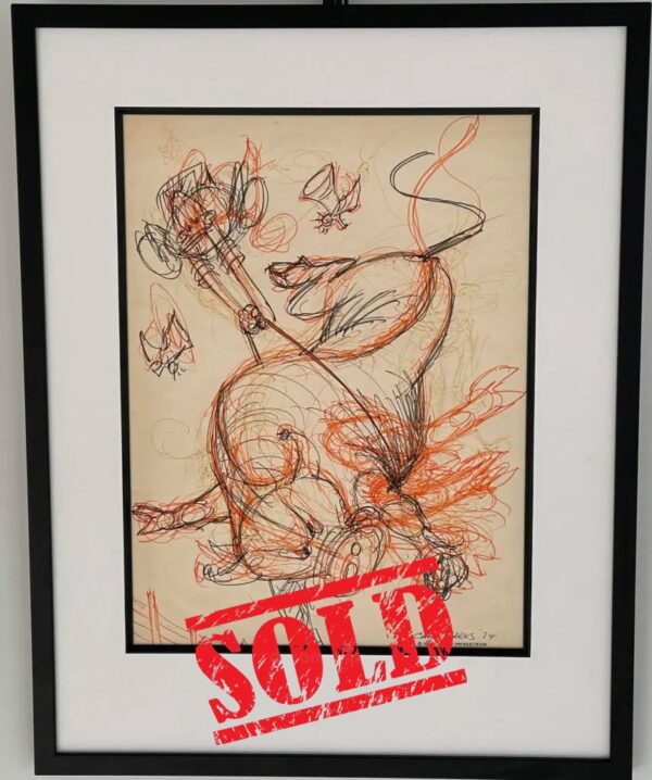 Beautiful oil painting study rendered in pencil, pen and ink. This artwork provides an excellent and rare insight into Carl Barks’ creative process leading up to the finished oil painting. The prelim is hand-signed and dated by Carl Barks. It was made in 1974 for the painting that was finalized in 1975.