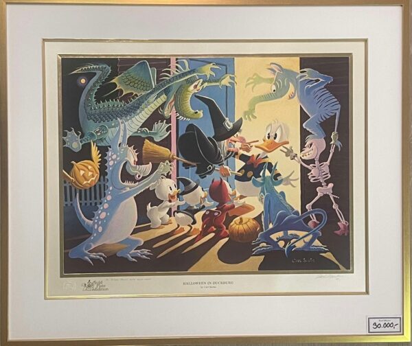 This exquisite set from 1992 consists of 31 progressive lithograph proofs stored in a large canvas-covered presentation box. This set consists of a total of 31 prints of which the final, gold-plated lithograph has been signed and numbered by Carl Barks.
