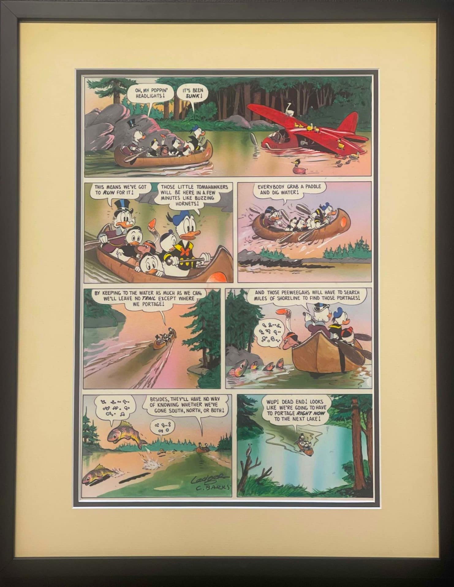 Page 14 from the story ‘Land of the Pygmy Indians’, originally printed in Uncle scrooge #18 in 1957 this page was recolored for a collection of classic Barks stories in 1981. These were featured in the deluxe book, “Uncle Scrooge McDuck: His Life And Times” from which this is page 256. The new colouring was done by acclaimed Australian artist Peter Ledger under the direction of Carl Barks.